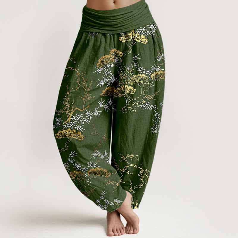 Pantalones bombachos de cintura elástica para mujer con estampado de pino, bambú y ciruelas, de algodón puro con Buddha Stones. - Verde oliva oscuro - US16，UK/AU20，EU48 (3XL) - image 5