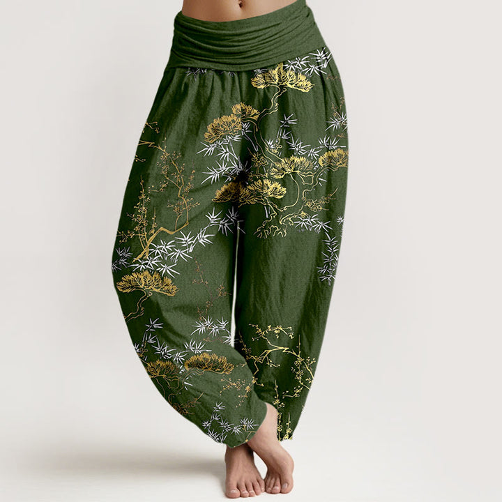 Pantalones bombachos de cintura elástica para mujer con estampado de pino, bambú y ciruelas, de algodón puro con Buddha Stones. - Verde oliva oscuro - US16，UK/AU20，EU48 (3XL) - image 5