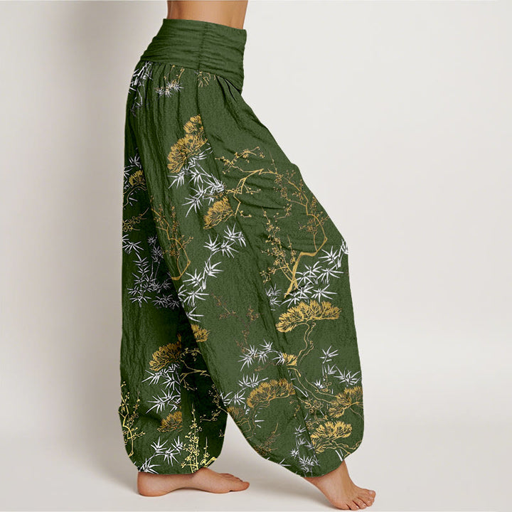 Pantalones bombachos de cintura elástica para mujer con estampado de pino, bambú y ciruelas, de algodón puro con Buddha Stones. - image 7
