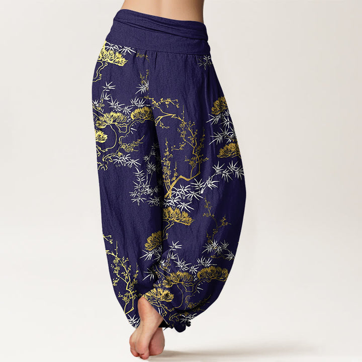 Pantalones bombachos de cintura elástica para mujer con estampado de pino, bambú y ciruelas, de algodón puro con Buddha Stones. - image 9