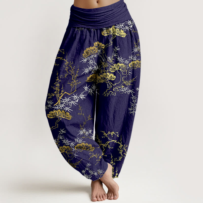 Pantalones bombachos de cintura elástica para mujer con estampado de pino, bambú y ciruelas, de algodón puro con Buddha Stones. - Azul medianoche - US16，UK/AU20，EU48 (3XL) - image 8