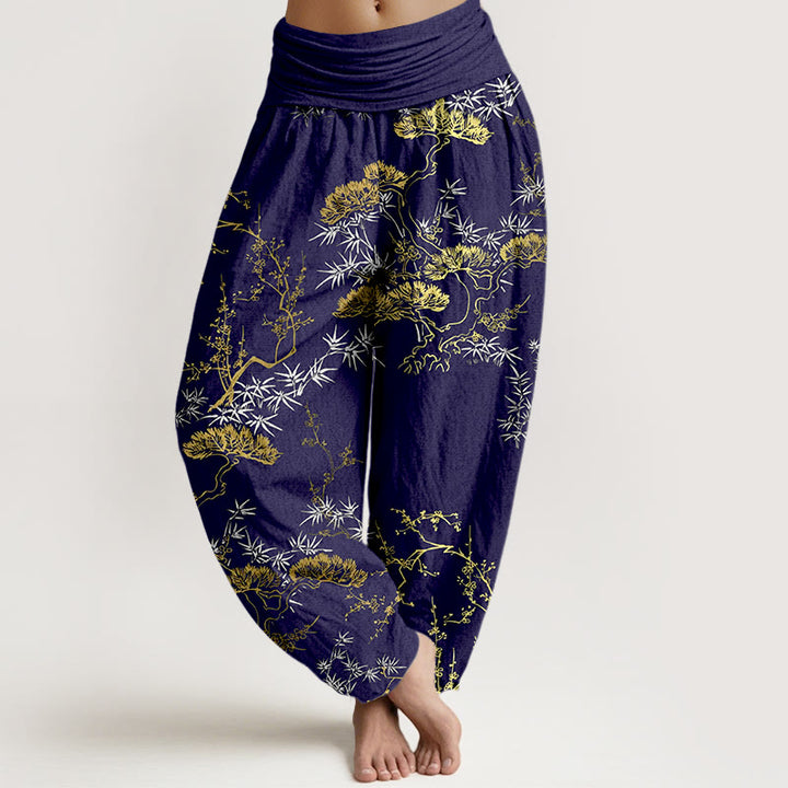 Pantalones bombachos de cintura elástica para mujer con estampado de pino, bambú y ciruelas, de algodón puro con Buddha Stones. - Azul medianoche - US16，UK/AU20，EU48 (3XL) - image 8