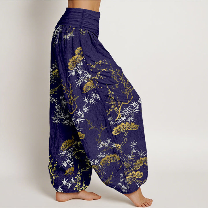 Pantalones bombachos de cintura elástica para mujer con estampado de pino, bambú y ciruelas, de algodón puro con Buddha Stones. - image 10