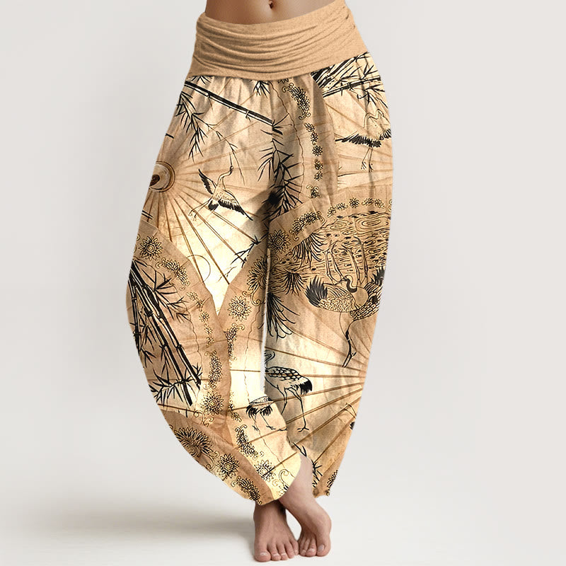 Pantalones bombachos de cintura elástica para mujer, de algodón puro con estampado de sombrilla, grulla y bambú , con Buddha Stones. - vara de oro - US16，UK/AU20，EU48 (3XL) - image 0