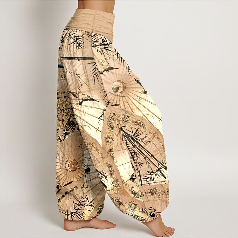 Pantalones bombachos de cintura elástica para mujer, de algodón puro con estampado de sombrilla, grulla y bambú , con Buddha Stones. - image 2