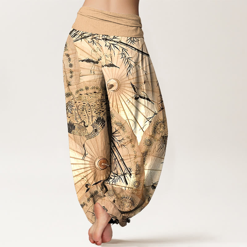 Pantalones bombachos de cintura elástica para mujer, de algodón puro con estampado de sombrilla, grulla y bambú , con Buddha Stones. - image 1