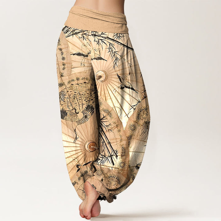 Pantalones bombachos de cintura elástica para mujer, de algodón puro con estampado de sombrilla, grulla y bambú , con Buddha Stones. - image 1