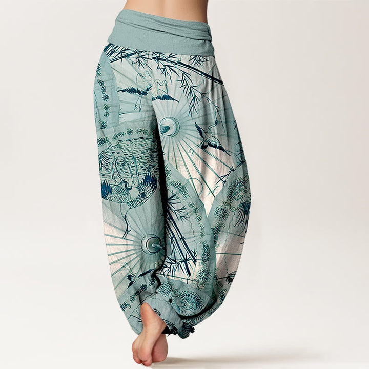 Pantalones bombachos de cintura elástica para mujer, de algodón puro con estampado de sombrilla, grulla y bambú , con Buddha Stones. - image 9