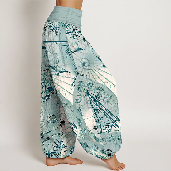 Pantalones bombachos de cintura elástica para mujer, de algodón puro con estampado de sombrilla, grulla y bambú , con Buddha Stones. - image 10
