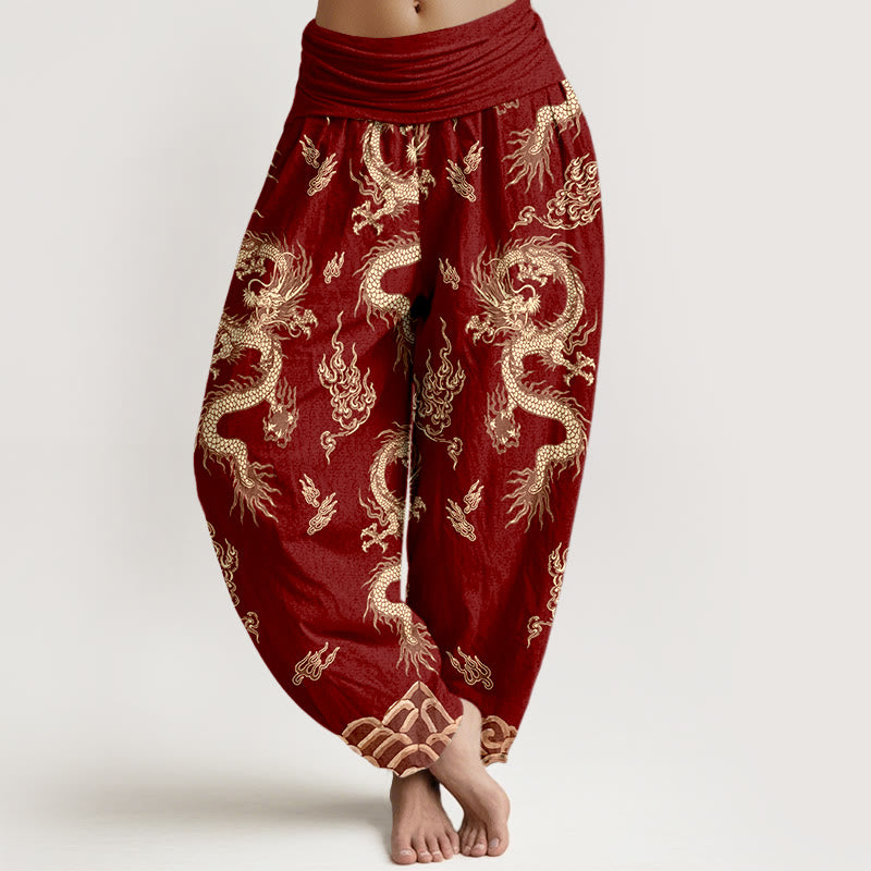Pantalones bombachos de cintura elástica para mujer con estampado de dragones y nubes, de algodón puro con Buddha Stones. - Rojo oscuro - US16，UK/AU20，EU48 (3XL) - image 0