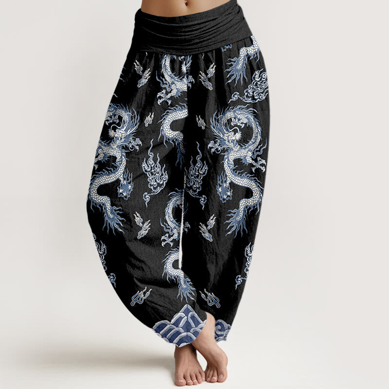 Pantalones bombachos de cintura elástica para mujer con estampado de dragones y nubes, de algodón puro con Buddha Stones. - Negro - US16，UK/AU20，EU48 (3XL) - image 5