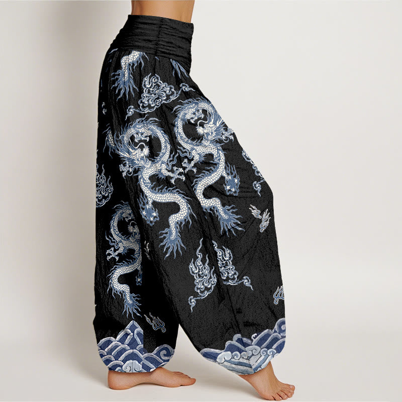Pantalones bombachos de cintura elástica para mujer con estampado de dragones y nubes, de algodón puro con Buddha Stones. - image 7