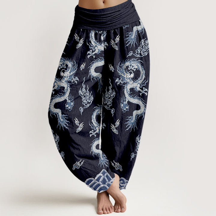Pantalones bombachos de cintura elástica para mujer con estampado de dragones y nubes, de algodón puro con Buddha Stones. - Marina de guerra - US16，UK/AU20，EU48 (3XL) - image 8