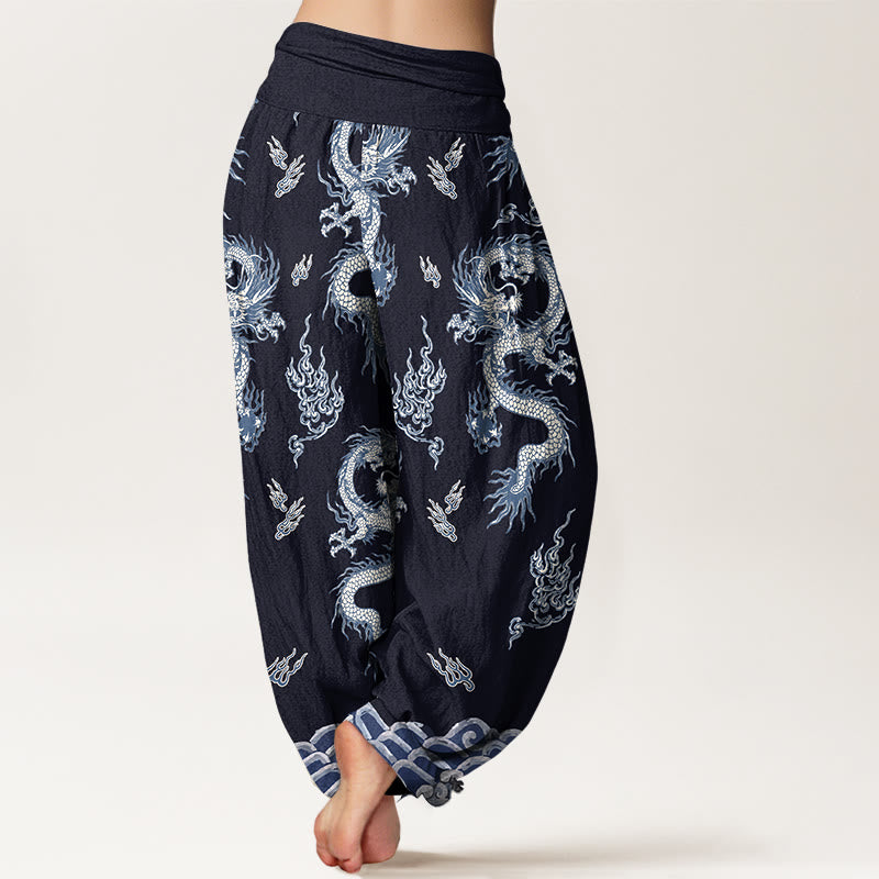 Pantalones bombachos de cintura elástica para mujer con estampado de dragones y nubes, de algodón puro con Buddha Stones. - image 9