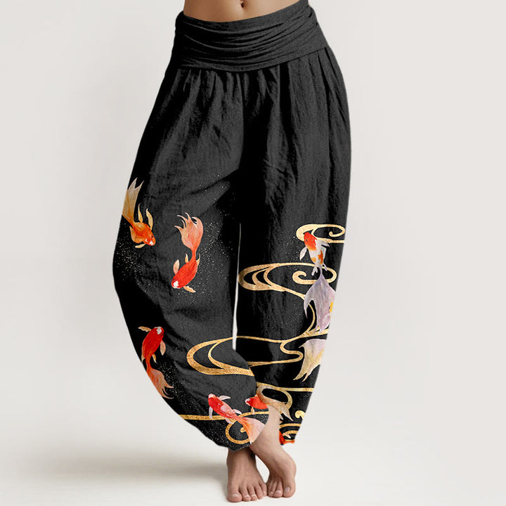 Pantalones bombachos de cintura elástica para mujer, de algodón puro con estampado de peces koi y ondas en el agua , con Buddha Stones. - Negro - US16，UK/AU20，EU48 (3XL) - image 0