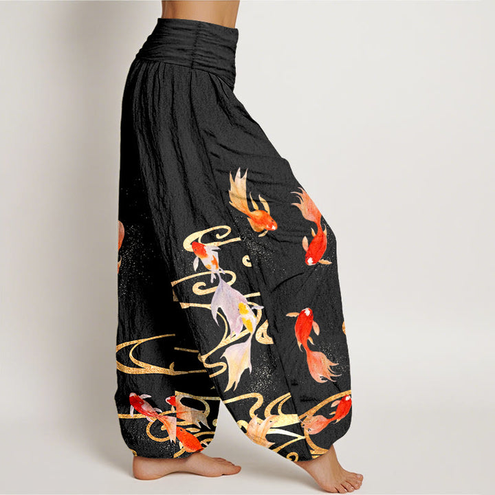 Pantalones bombachos de cintura elástica para mujer, de algodón puro con estampado de peces koi y ondas en el agua , con Buddha Stones. - image 2