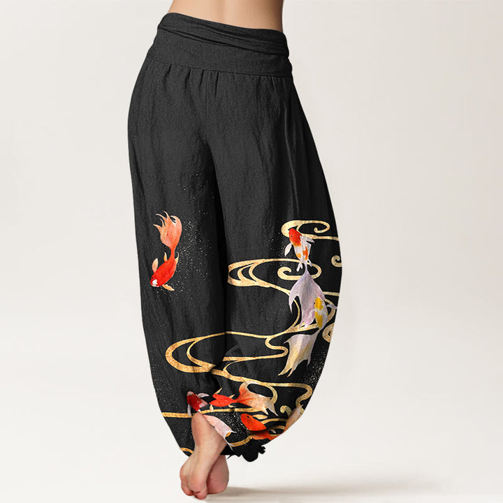 Pantalones bombachos de cintura elástica para mujer, de algodón puro con estampado de peces koi y ondas en el agua , con Buddha Stones. - image 1