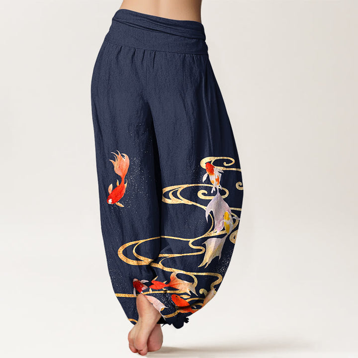 Pantalones bombachos de cintura elástica para mujer, de algodón puro con estampado de peces koi y ondas en el agua , con Buddha Stones. - image 6