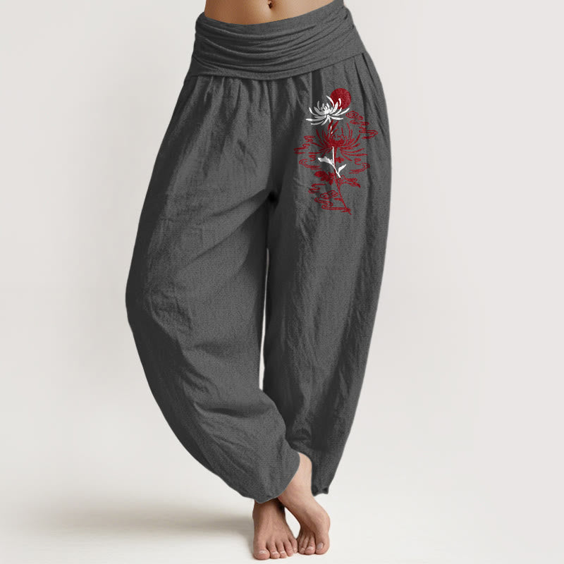 Pantalones tipo harem de algodón puro con estampado de Buddha Stones, crisantemos y soles para mujer. Cintura elástica. - Gris tenue - US16，UK/AU20，EU48 (3XL) - image 11