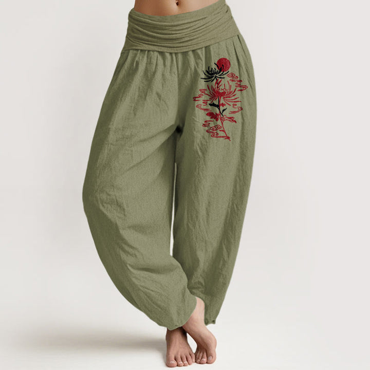 Pantalones tipo harem de algodón puro con estampado de Buddha Stones, crisantemos y soles para mujer. Cintura elástica. - Verde oliva - US16，UK/AU20，EU48 (3XL) - image 14