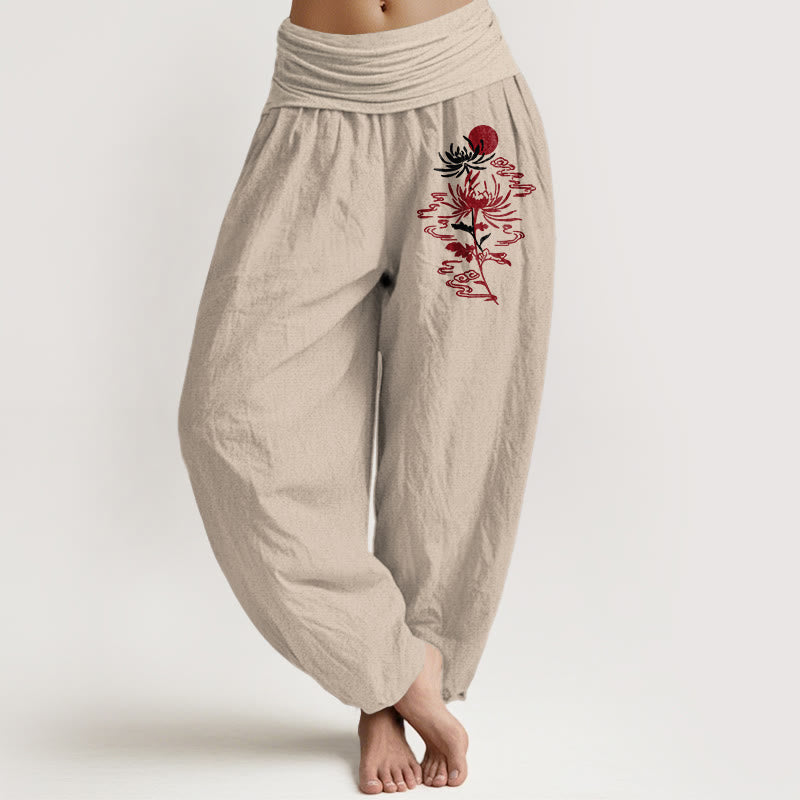 Pantalones tipo harem de algodón puro con estampado de Buddha Stones, crisantemos y soles para mujer. Cintura elástica. - Broncearse - US16，UK/AU20，EU48 (3XL) - image 0