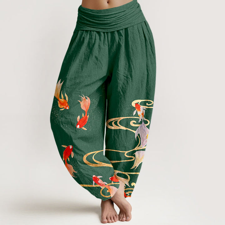 Pantalones bombachos de cintura elástica para mujer, de algodón puro con estampado de peces koi y ondas en el agua , con Buddha Stones. - Verde - US16，UK/AU20，EU48 (3XL) - image 8