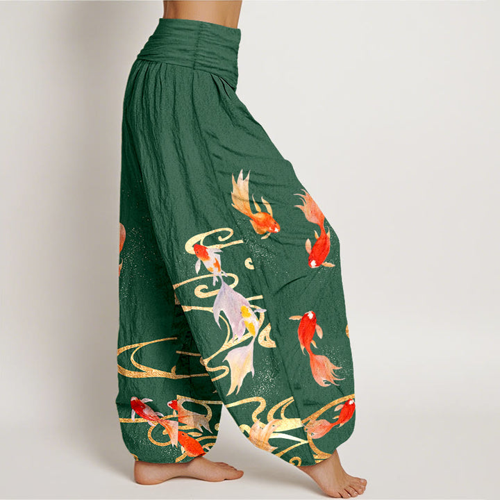 Pantalones bombachos de cintura elástica para mujer, de algodón puro con estampado de peces koi y ondas en el agua , con Buddha Stones. - image 10