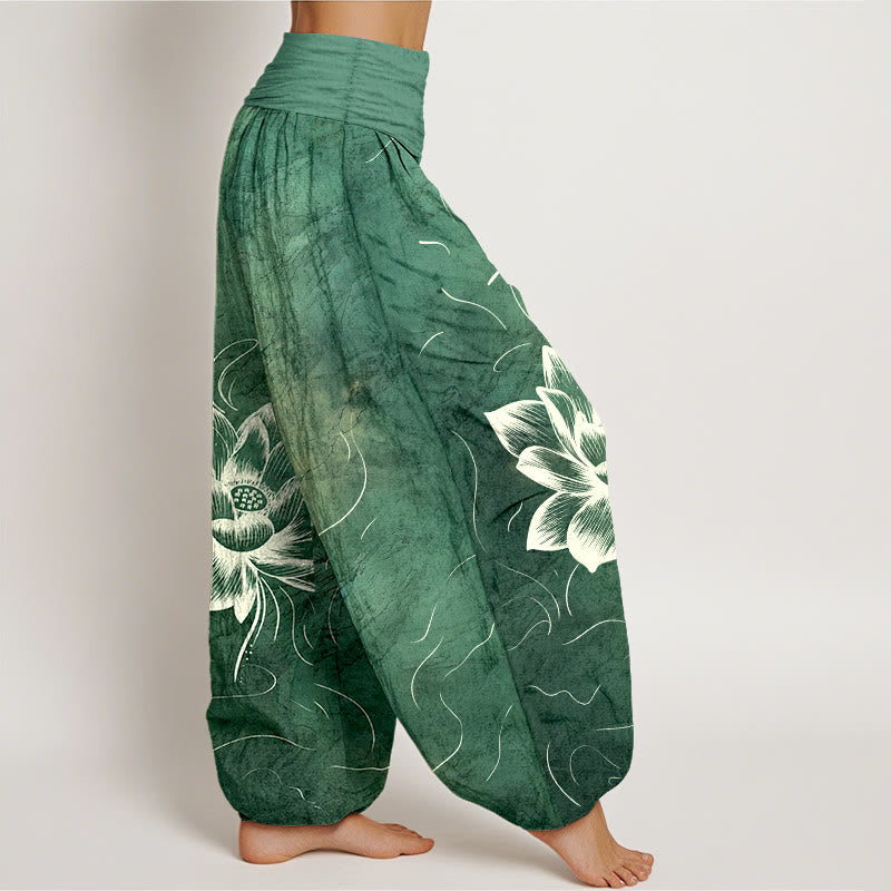 Pantalones bombachos de cintura elástica para mujer con estampado de flor de loto y estampado de piedras de Buddha Stones en algodón puro. - image 2