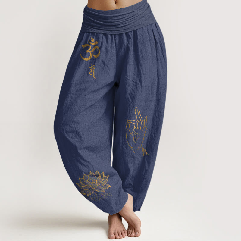 Pantalones bombachos de algodón con cintura elástica para mujer, estampado de Buddha Stones, símbolos Om Dhi, loto y mano de Buda. - Azul pizarra oscuro - US16，UK/AU20，EU48 (3XL) - image 5