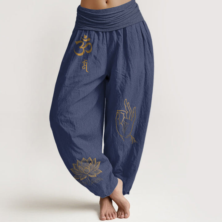 Pantalones bombachos de algodón con cintura elástica para mujer, estampado de Buddha Stones, símbolos Om Dhi, loto y mano de Buda. - Azul pizarra oscuro - US16，UK/AU20，EU48 (3XL) - image 5