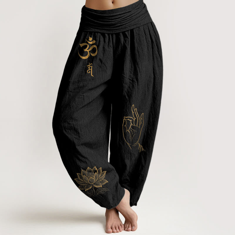 Pantalones bombachos de algodón con cintura elástica para mujer, estampado de Buddha Stones, símbolos Om Dhi, loto y mano de Buda. - Negro - US16，UK/AU20，EU48 (3XL) - image 0