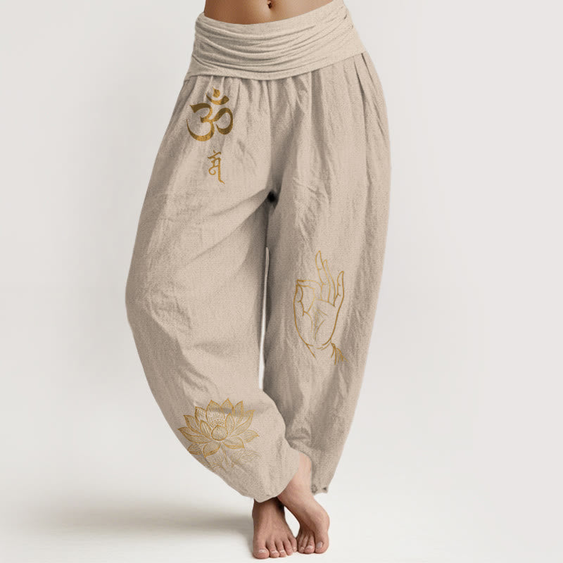 Pantalones bombachos de algodón con cintura elástica para mujer, estampado de Buddha Stones, símbolos Om Dhi, loto y mano de Buda. - Broncearse - US16，UK/AU20，EU48 (3XL) - image 11