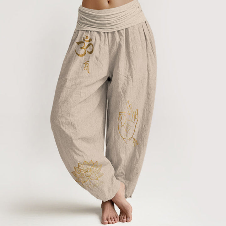 Pantalones bombachos de algodón con cintura elástica para mujer, estampado de Buddha Stones, símbolos Om Dhi, loto y mano de Buda. - Broncearse - US16，UK/AU20，EU48 (3XL) - image 11