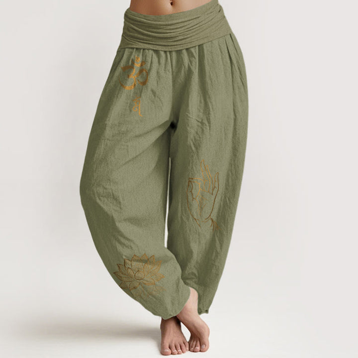 Pantalones bombachos de algodón con cintura elástica para mujer, estampado de Buddha Stones, símbolos Om Dhi, loto y mano de Buda. - Verde oliva - US16，UK/AU20，EU48 (3XL) - image 14