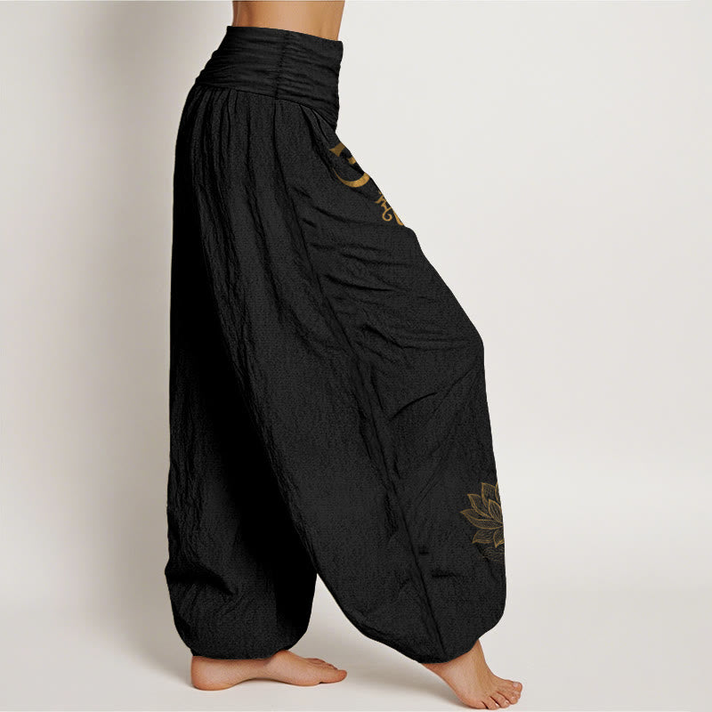 Pantalones bombachos de algodón con cintura elástica para mujer, estampado de Buddha Stones, símbolos Om Dhi, loto y mano de Buda. - image 1