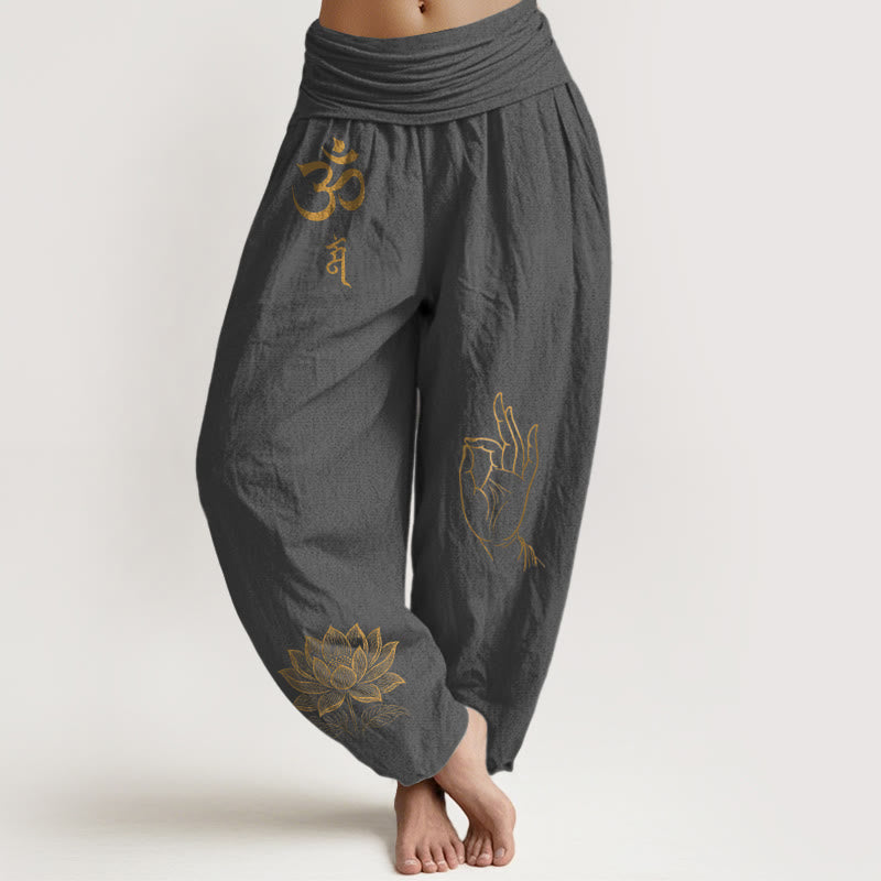 Pantalones bombachos de algodón con cintura elástica para mujer, estampado de Buddha Stones, símbolos Om Dhi, loto y mano de Buda. - Gris oscuro - US16，UK/AU20，EU48 (3XL) - image 8