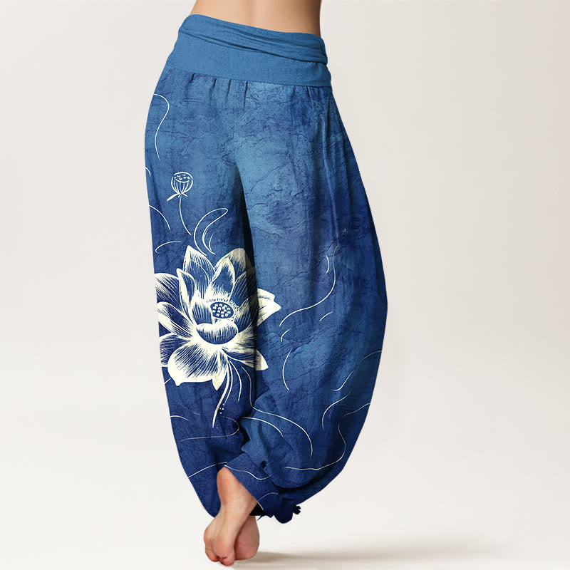 Pantalones bombachos de cintura elástica para mujer con estampado de flor de loto y estampado de piedras de Buddha Stones en algodón puro. - image 6