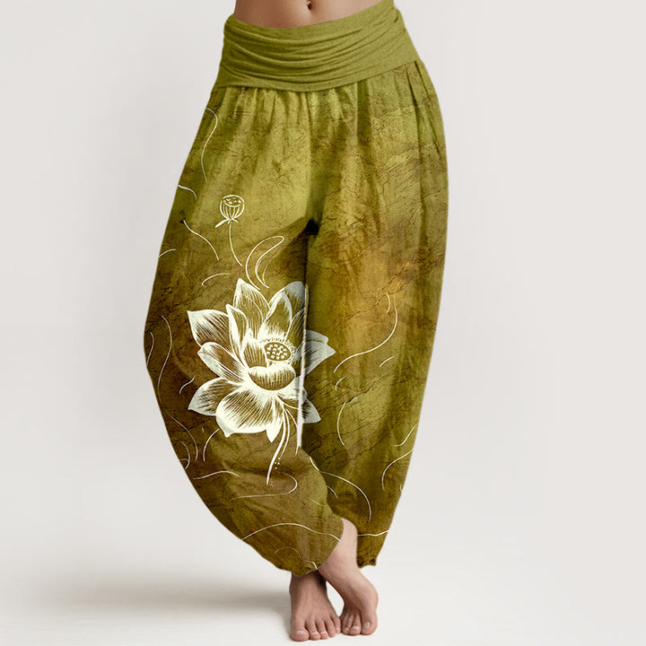 Pantalones bombachos de cintura elástica para mujer con estampado de flor de loto y estampado de piedras de Buddha Stones en algodón puro. - Vara de oro oscuro - US16，UK/AU20，EU48 (3XL) - image 8