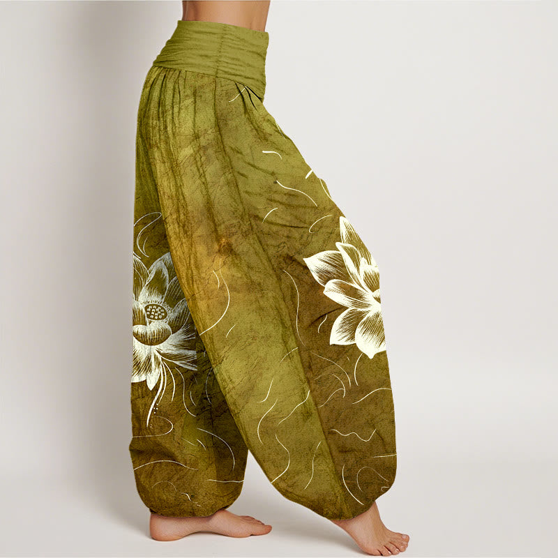 Pantalones bombachos de cintura elástica para mujer con estampado de flor de loto y estampado de piedras de Buddha Stones en algodón puro. - image 10