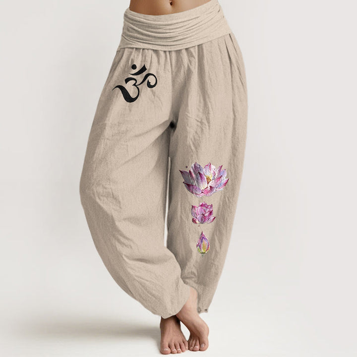 Pantalones tipo harem de algodón puro con cintura elástica y estampado de Buddha Stones, loto floreciente y símbolo Om. - Broncearse - US16，UK/AU20，EU48 (3XL) - image 11