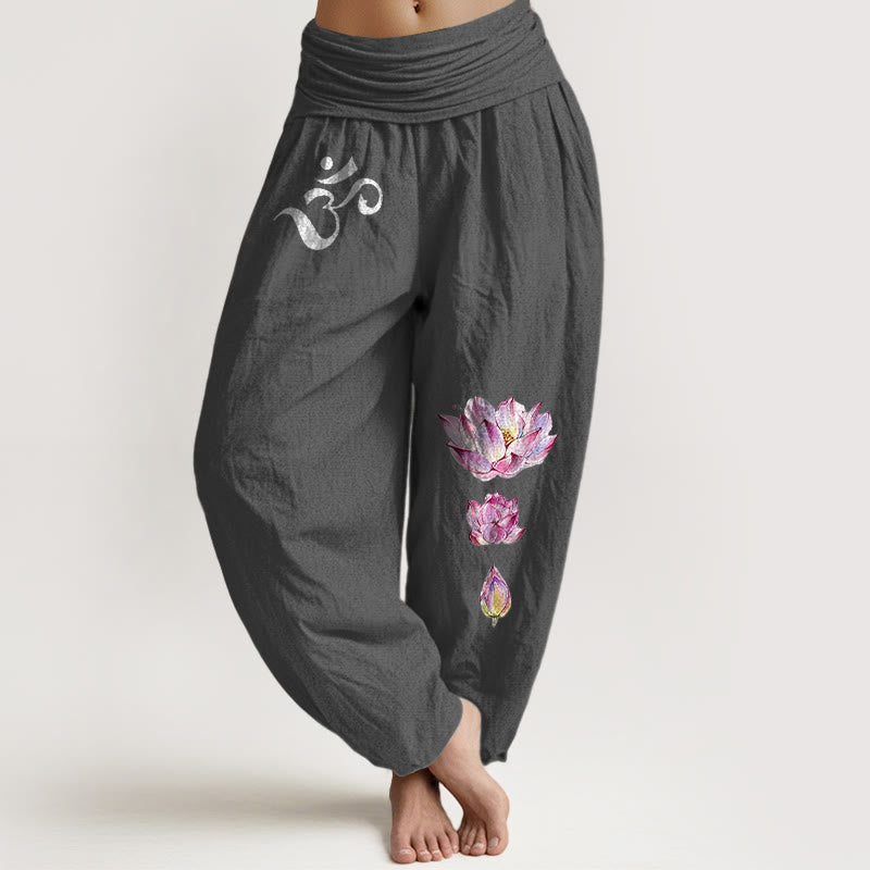 Pantalones tipo harem de algodón puro con cintura elástica y estampado de Buddha Stones, loto floreciente y símbolo Om. - Gris oscuro - US16，UK/AU20，EU48 (3XL) - image 8