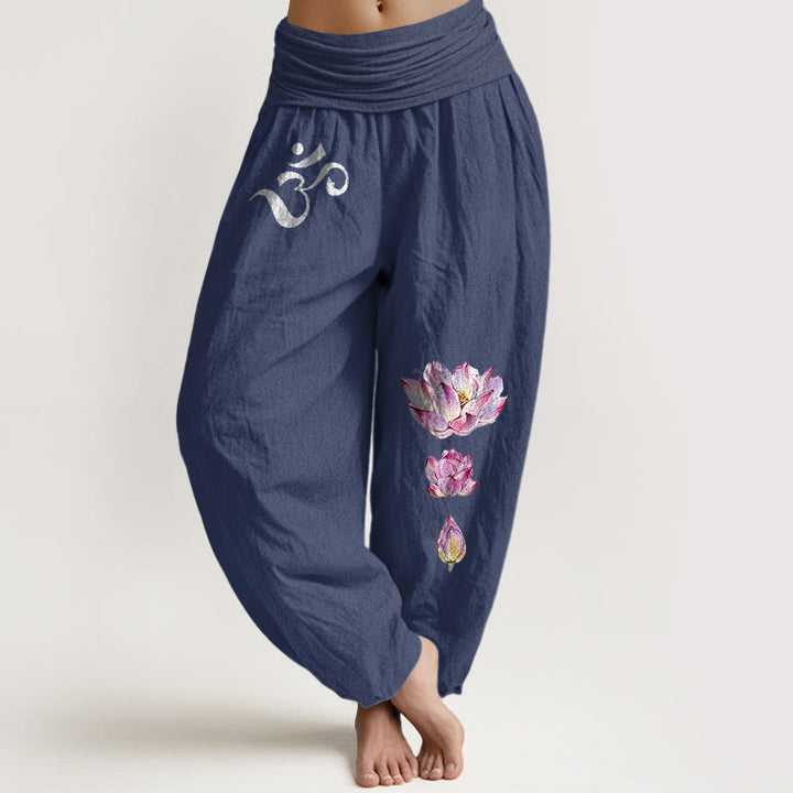 Pantalones tipo harem de algodón puro con cintura elástica y estampado de Buddha Stones, loto floreciente y símbolo Om. - Azul pizarra oscuro - US16，UK/AU20，EU48 (3XL) - image 5