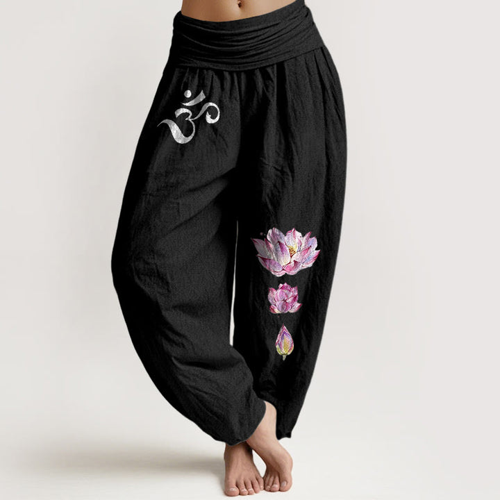 Pantalones tipo harem de algodón puro con cintura elástica y estampado de Buddha Stones, loto floreciente y símbolo Om. - Negro - US16，UK/AU20，EU48 (3XL) - image 0