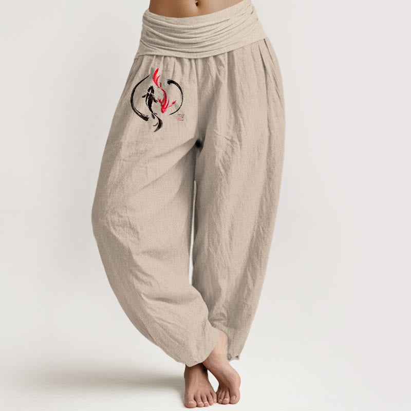 Pantalones tipo harem de algodón puro con cintura elástica y diseño de peces koi Yin Yang con Buddha Stones para mujer - Broncearse - US16，UK/AU20，EU48 (3XL) - image 0