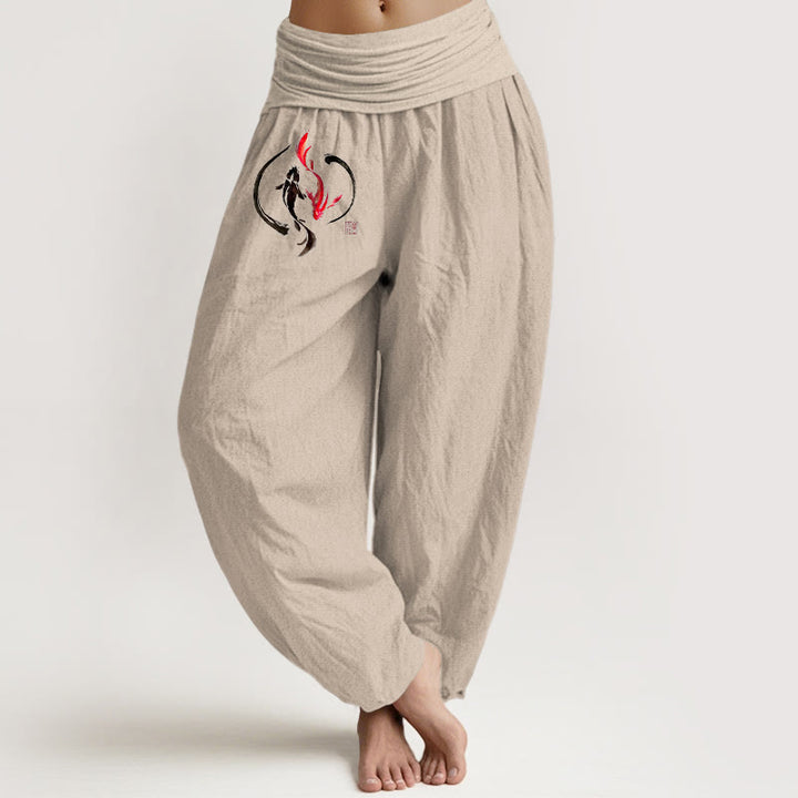 Pantalones tipo harem de algodón puro con cintura elástica y diseño de peces koi Yin Yang con Buddha Stones para mujer - Broncearse - US16，UK/AU20，EU48 (3XL) - image 0