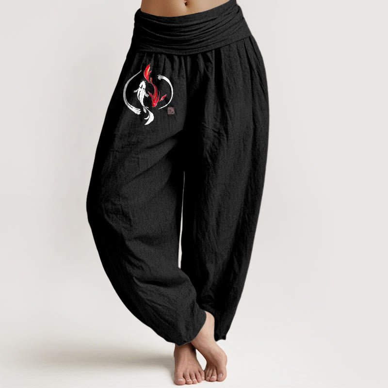 Pantalones tipo harem de algodón puro con cintura elástica y diseño de peces koi Yin Yang con Buddha Stones para mujer - Negro - US16，UK/AU20，EU48 (3XL) - image 5