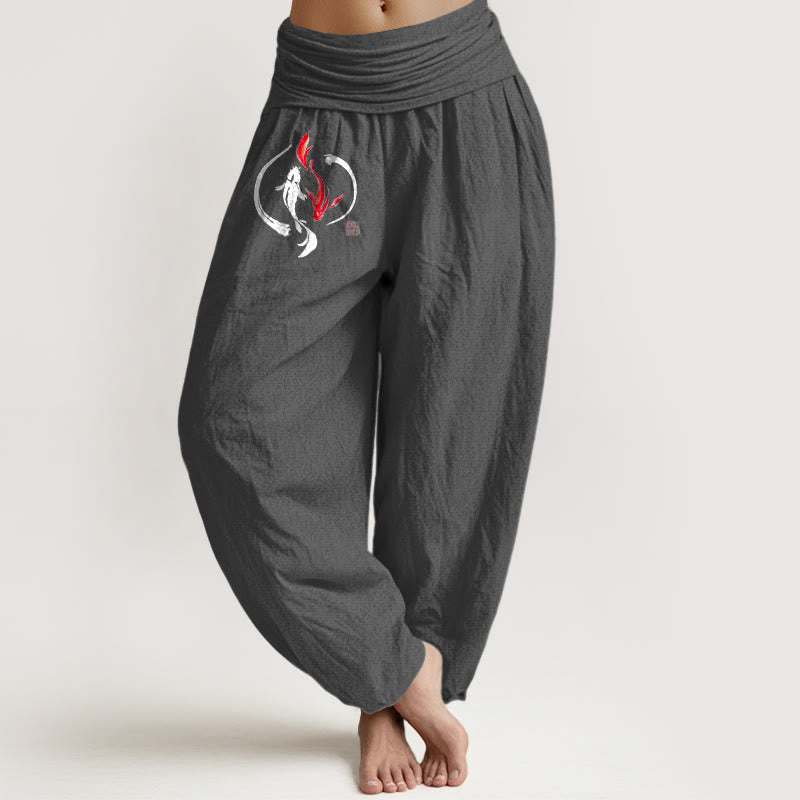 Pantalones tipo harem de algodón puro con cintura elástica y diseño de peces koi Yin Yang con Buddha Stones para mujer - Gris tenue - US16，UK/AU20，EU48 (3XL) - image 11