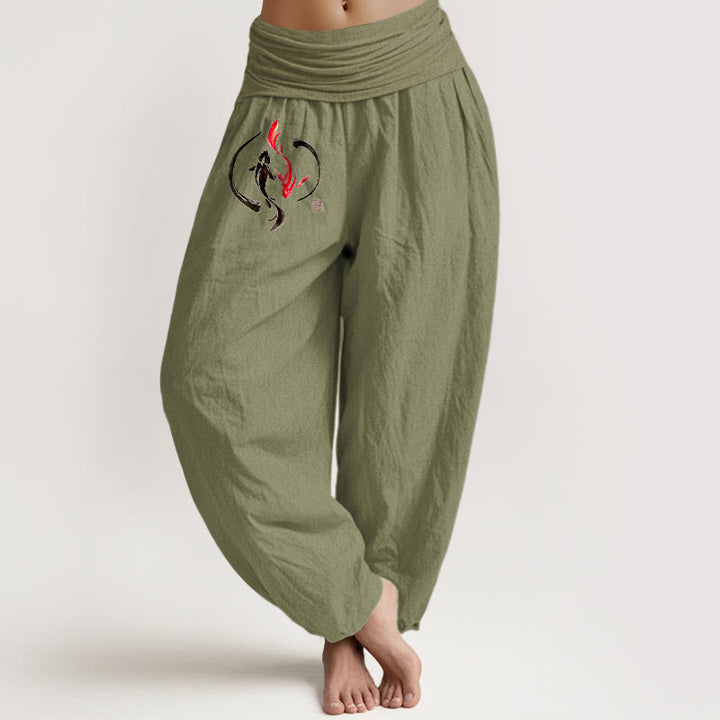 Pantalones tipo harem de algodón puro con cintura elástica y diseño de peces koi Yin Yang con Buddha Stones para mujer - Verde oliva - US16，UK/AU20，EU48 (3XL) - image 14