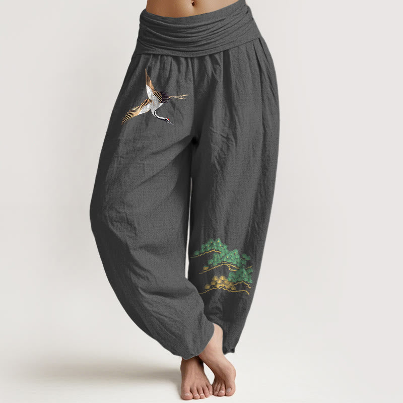 Pantalones bombachos de mujer Buddha Stones, de algodón puro, con estampado de grullas y pinos, cintura elástica. - Gris tenue - US16，UK/AU20，EU48 (3XL) - image 8