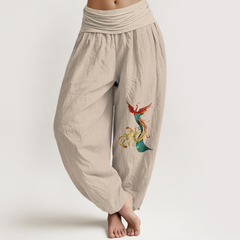 Pantalones bombachos de mujer Buddha Stones , de algodón puro, con estampado de fénix de colores y cintura elástica. - Broncearse - US16，UK/AU20，EU48 (3XL) - image 11